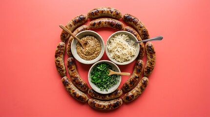Naklejka premium grilled bratwurst sausages arranged in a circular composition around