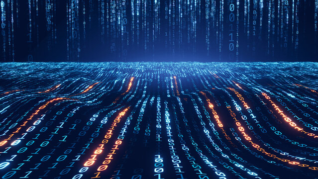 Binary data digital waves, Streaming data, - Digital Code, ai, artificial intelligence concept - 3d illustration