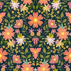 Fototapeta premium Decorative ornate Floral Botanical garden dark blue background seamless pattern illustration For fashion artwear, fabric, packaging, wall art and home decor 