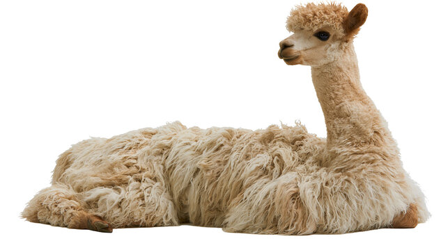 Fluffy beige alpaca lying down with curly wool