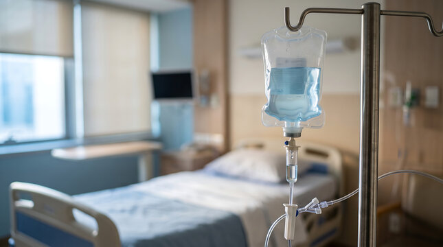 Medical infusion iv bag hanging on a stand in a hospital ward with hospital healthcare treatment medicine infusion recovery emergency clinical equipment solution