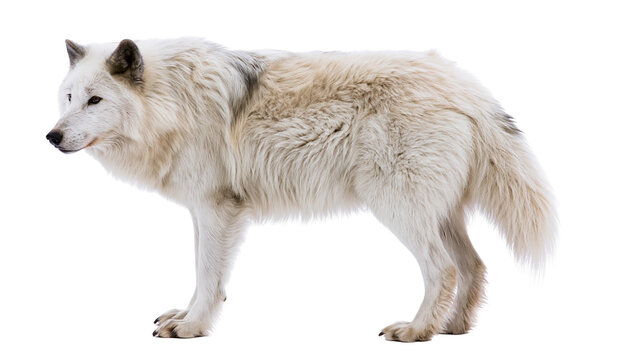 Arctic wolf with thick white fur standing profile view
