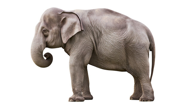 Gray elephant with curled trunk on white