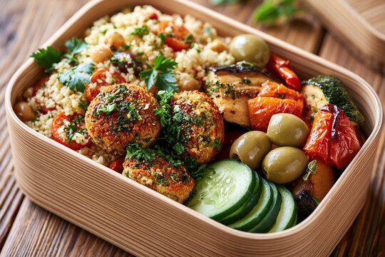 modern mediterranean lunch box filled with falafel, couscous, roasted vegetables, green olives, cucumber, chickpeas, and fresh herbs