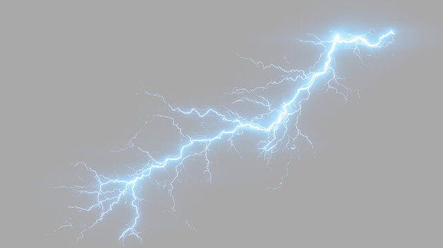 Electric bolt on a transparent background showing bright blue light and jagged edges
