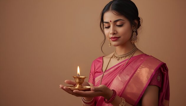 indian woman in saree holding oil lamp plate