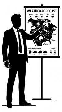 Meteorologist presenting weather forecast map with temperature icons
