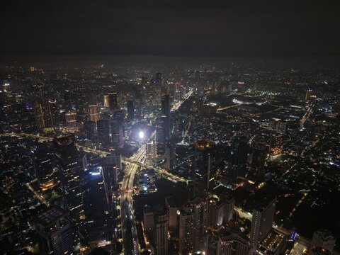 Aerial view of the Bundaran HI roundabout and surrounding skyscrapers in the Menteng district of Menteng, Jakarta, Indonesia.