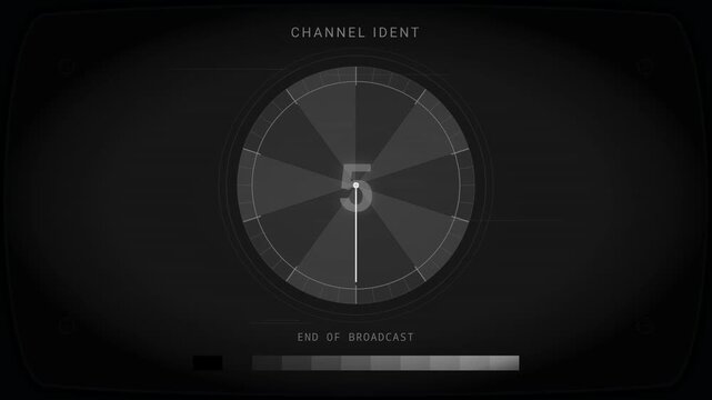 Retro TV Channel Ident Countdown Clock End of Broadcast Animation. Monochrome CRT Screen Countdown Timer and Channel Identity Loop