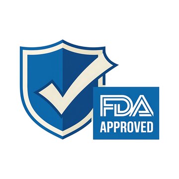 Blue shield icon with fda approved text symbol