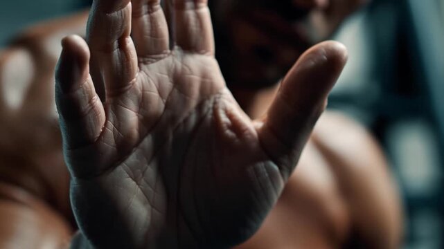 Close up of outstretched human hand showing detailed skin texture and muscle strength with visible palm, focus, and raw power in dimly lit environment capturing determination and resilience