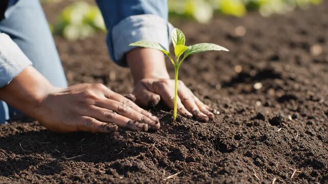 Woman gardener planting a seedling in soil. Farmer working in a garden. Ecological lifestyle and agriculture, sustainable farming, environmental care, growth concept.