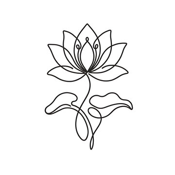 Minimalist continuous line drawing of a sacred lotus flower with petals and leaves minimalist continuous botanical meditation monochrome