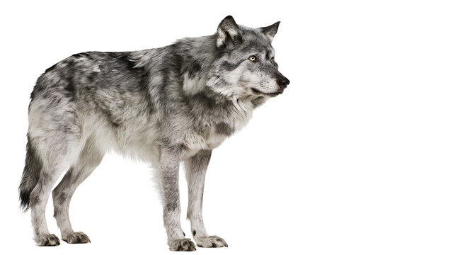 Gray wolf standing profile view with yellow eyes