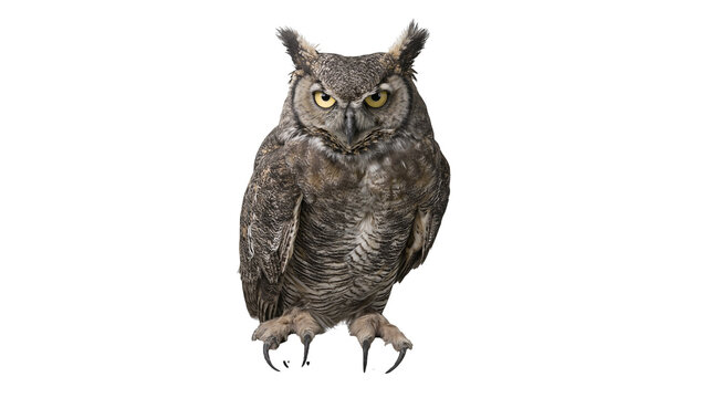 Great Horned Owl perched, looking forward with yellow eyes