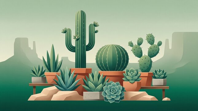 Cactus in Desert and Beach Landscape, Green Cacti Plant Vector Illustration with Tropical Nature, Mexican Style, Blue Sky and Isolated Botanical Elements