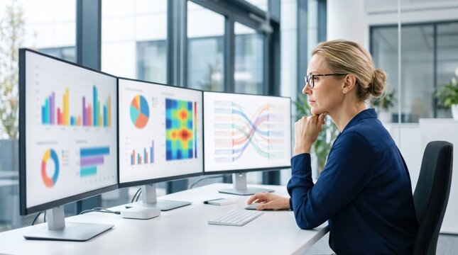 Businesswoman reviewing colorful data dashboards on triple monitors