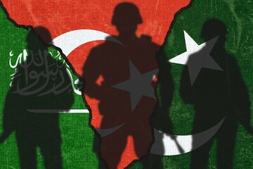 Fototapeta premium Saudi Arabia Turkey Pakistan Joint Defence Agreement During Middle East Conflict, Strategic Security Alliance, Regional Military Cooperation, Geopolitical Tensions Concept Illustration