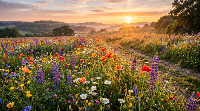 Vibrant summer meadow filled with blooming wildflowers under a glowing golden sunset sky during early morning