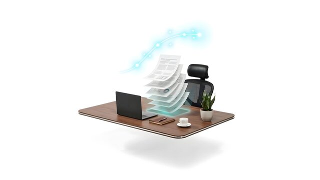 Executive desk with glowing holographic document workflow &ndash; Perfect for document management systems, office automation, or digital organization.