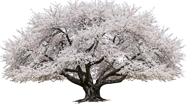 Mature blooming cherry tree with white flowers and dark trunk