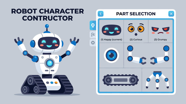 Robot character constructor concept with different parts to create your own robot