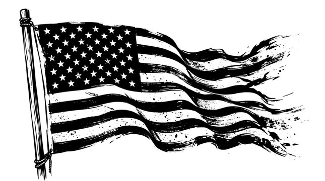 Vintage American flag vector illustration, distressed USA flag on flagpole, tattered black and white United States flag for patriotic designs