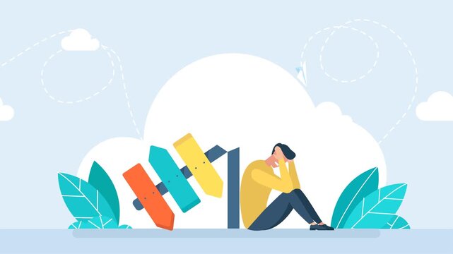 A man sits on the floor with his head in his hands. Cut off direction indicator. Businessman in front of a choice, chooses the path. A man is thinking near the direction indicator. 2d flat animation