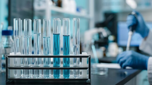 Close Up of Laboratory Test Tubes with Liquid Samples in Biotechnology Research