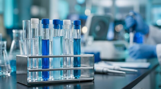 Close Up of Laboratory Test Tubes with Liquid Samples in Biotechnology Research