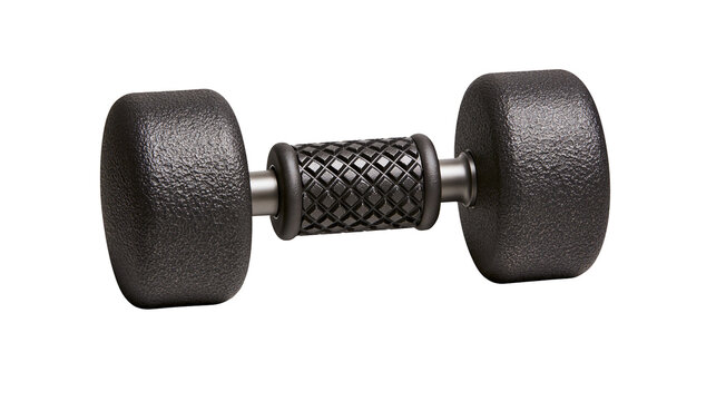 Black textured dumbbell with knurled grip and metal bar