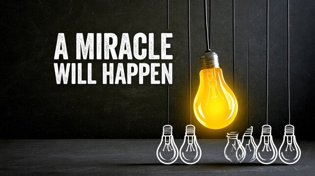 Glowing light bulb shining beside miracle text on dark textured background in dramatic cinematic style for motivational business marketing