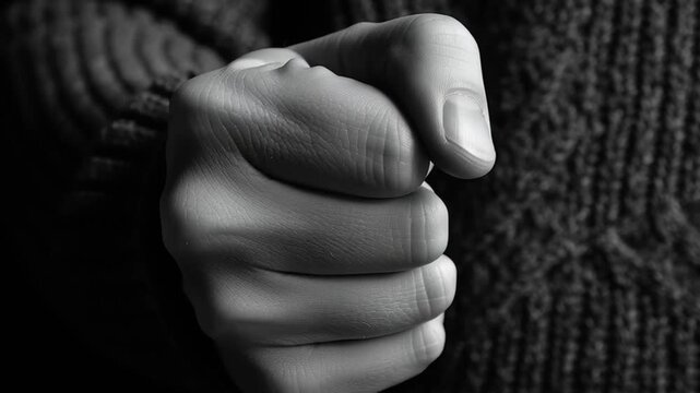Closed fist and pointing finger close up black and white vdo showing hand knuckles skin texture and shadow with dramatic lighting highlighting strength and detailed monochrome focus