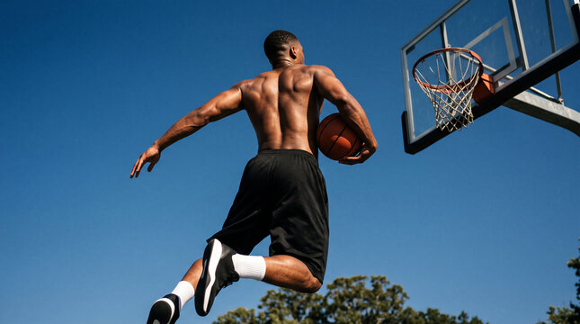 Shirtless young basketball player performing a slam dunk on an outdoor court against a clear blue sky.