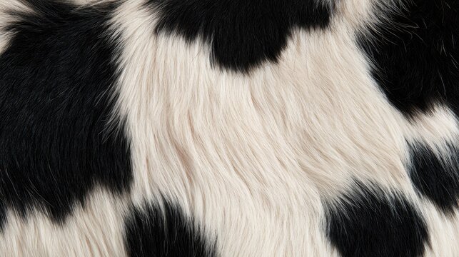 Close-up view of black and white cowhide texture showcasing distinct patches and fur patterns, highlighting the natural characteristics of the animal's skin