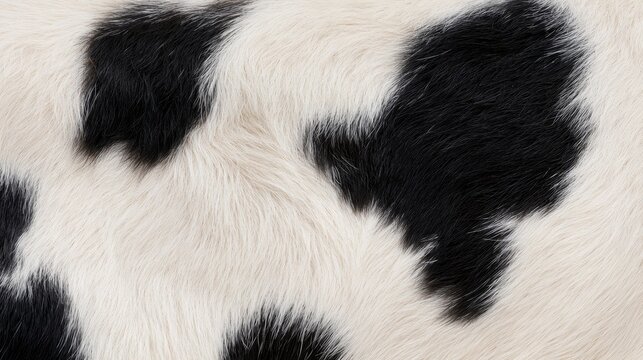 Close-up view of black and white cowhide texture showcasing distinct patterns and fur details, ideal for textile or design applications in agriculture or fashion