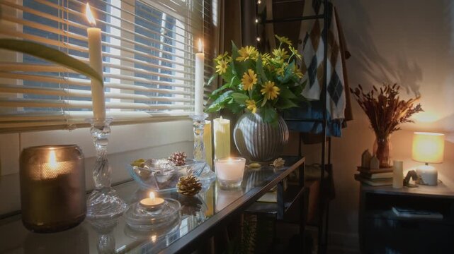 Burning candles flickering on glass table next to vase with flowers in cozy room interior. Footage is perfect for home decor ads or wellness marketing campaigns