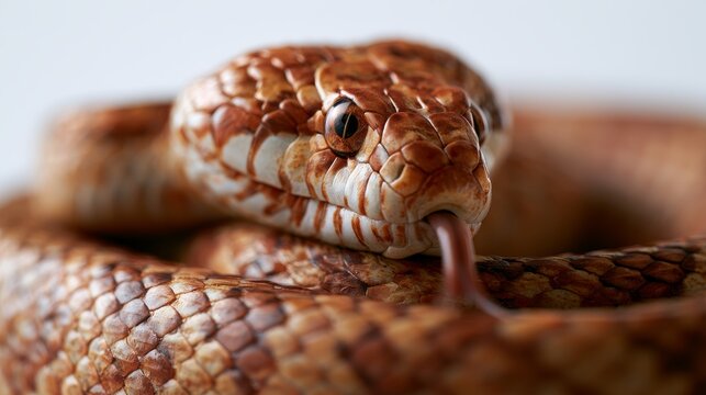 Close-up of a coiled brown corn snake with distinctive scales and a flicking tongue against a neutral background, showcasing its detailed texture and coloration