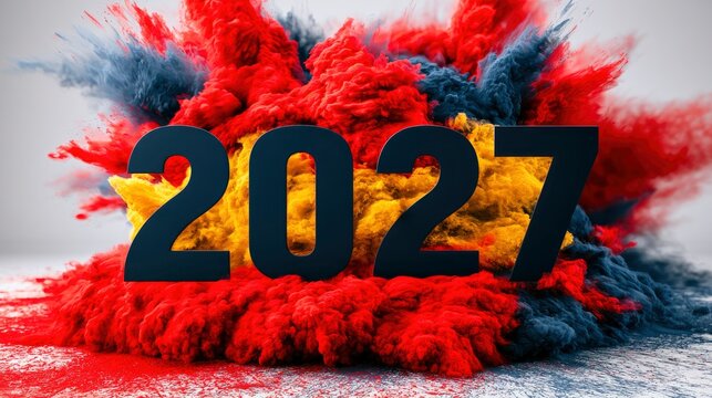 New year 2027 number with red and blue powder burst in dynamic studio composition with sharp focus for holiday commercial advertising