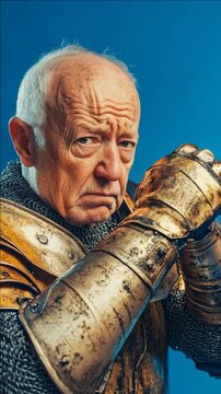 An elderly man with a serious expression, styled as a Viking warrior in armor.