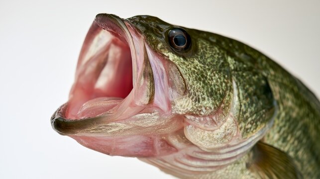 Close-up of a large mouth bass fish with open mouth, showcasing detailed scales and vibrant colors against a neutral background