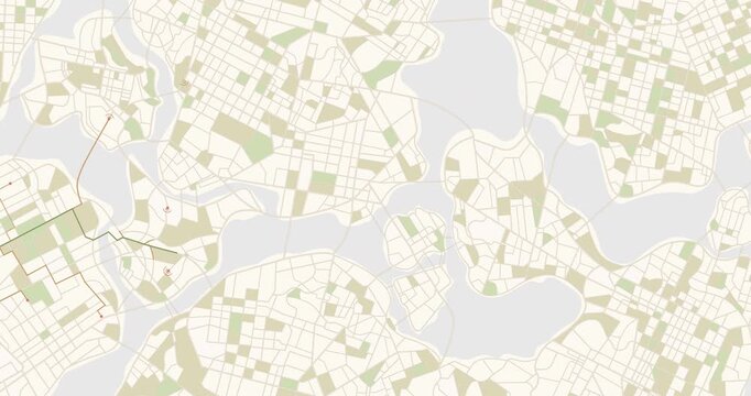 GPS tracking route visualization on detailed map. Path tracing a route through districts and over water