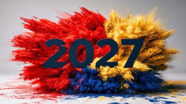 2027 text emerging from vibrant colorful powder explosion in clean studio with dynamic sharp focus for new year marketing campaigns