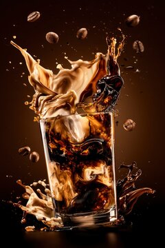 Coffee splash with cream colliding in glass and roasted beans in mid-air using dramatic high-speed photography for cafe advertising