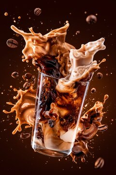 Iced coffee splash bursting with flying beans in dark studio high-speed macro photography for beverage branding