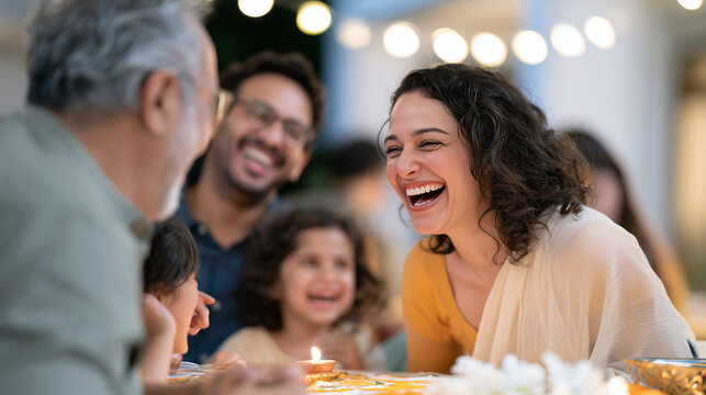 Joyful Multi-Generational Indian Family Celebrating Sharad Purnima Festival Together With Laughter And Traditional Lights During A Festive Evening