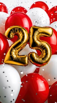 Gold number 25 foil balloon floating amidst red and white party decor with silver confetti in sharp studio focus for anniversary event marketing