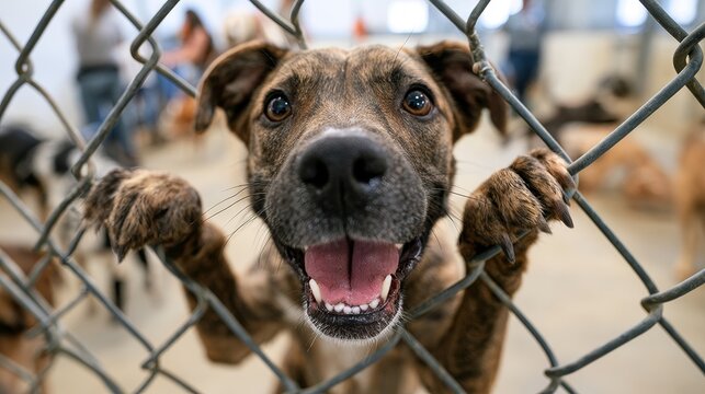 Happy brown dog with a short coat and expressive face leans against a chain-link fence inside an animal shelter with other dogs visible in the background