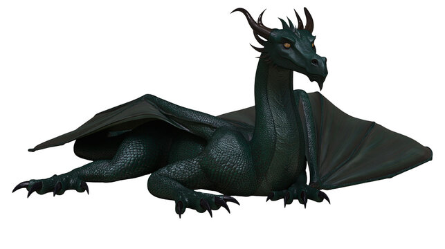Dark green dragon with large wings resting on white