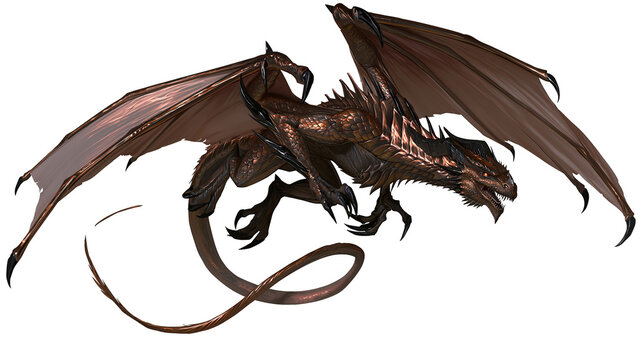 Brown dragon with large wings and sharp claws flying